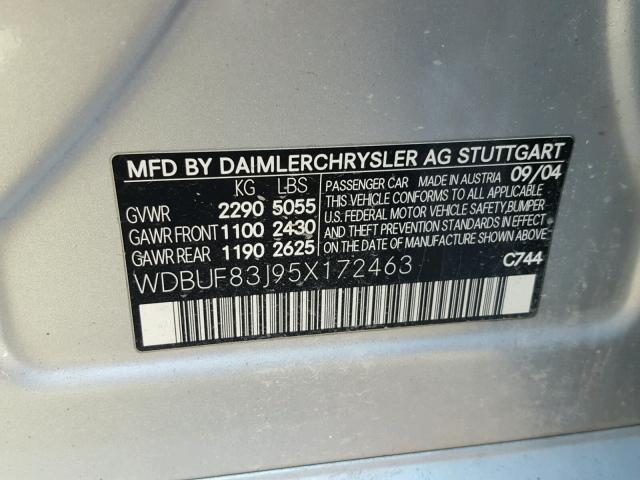 WDBUF83J95X172463 - 2005 MERCEDES-BENZ E 500 4MAT SILVER photo 10