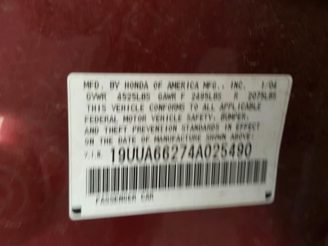 19UUA66274A025490 - 2004 ACURA TL RED photo 10