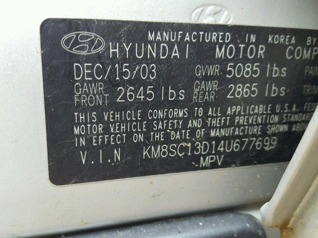 KM8SC13D14U677699 - 2004 HYUNDAI SANTA FE G SILVER photo 10