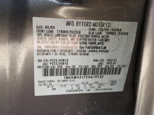 1MEHM43175G619520 - 2005 MERCURY MONTEGO PR GRAY photo 10