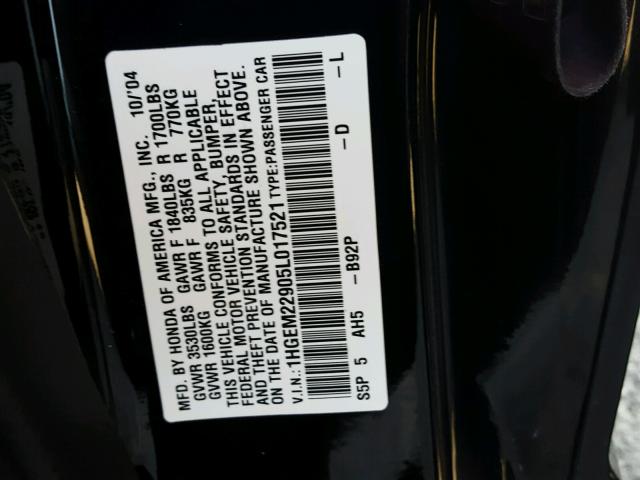 1HGEM22905L017521 - 2005 HONDA CIVIC EX 黑色 照片 10