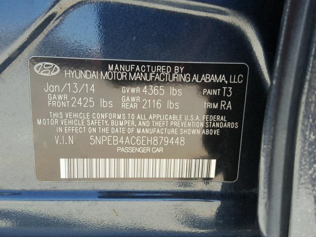 5NPEB4AC6EH879448 - 2014 HYUNDAI SONATA GLS BLUE photo 10