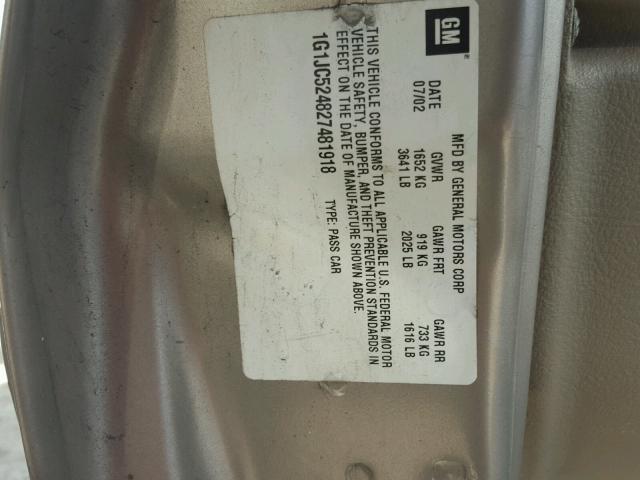 1G1JC524827481918 - 2002 CHEVROLET CAVALIER B TAN photo 10