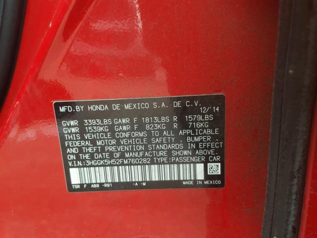 3HGGK5H52FM760282 - 2015 HONDA FIT LX RED photo 10