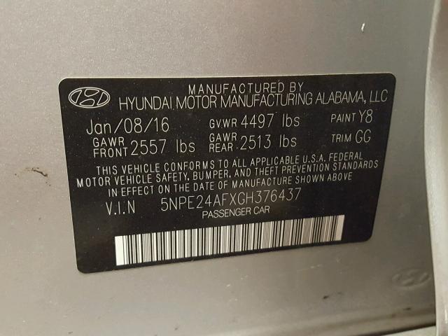 5NPE24AFXGH376437 - 2016 HYUNDAI SONATA SE SILVER photo 10