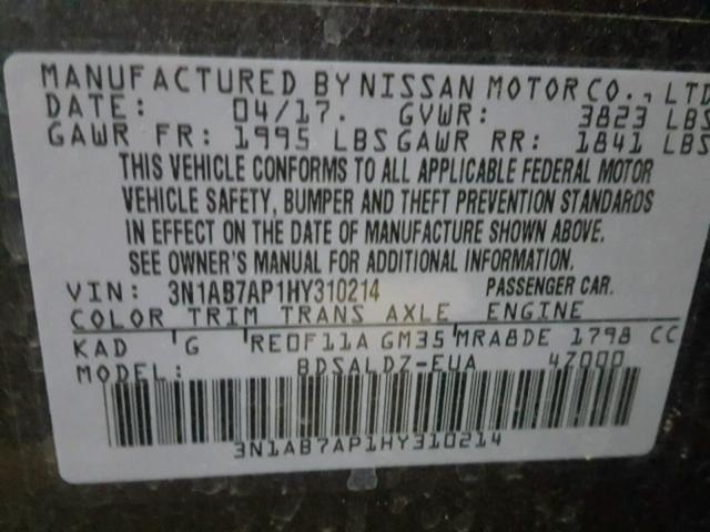 3N1AB7AP1HY310214 - 2017 NISSAN SENTRA S GRAY photo 10