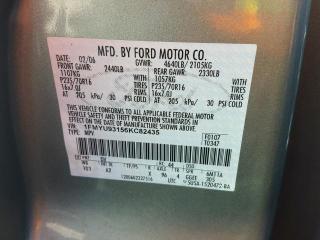 1FMYU93156KC82435 - 2006 FORD ESCAPE XLT GRAY photo 10