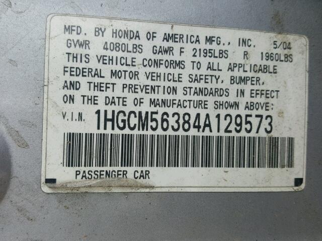 1HGCM56384A129573 - 2004 HONDA ACCORD LX SILVER photo 10