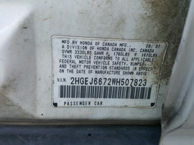 2HGEJ6672WH507823 - 1998 HONDA CIVIC LX WHITE photo 10