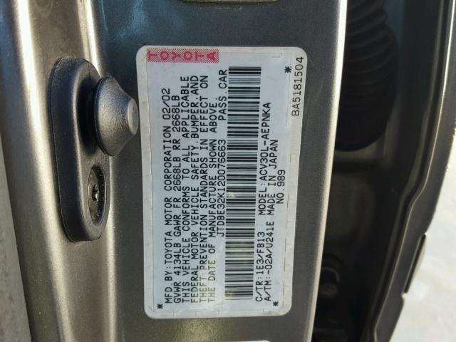 JTDBE32K120076663 - 2002 TOYOTA CAMRY LE GRAY photo 10