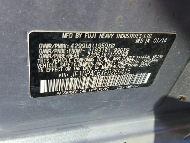 JF1GPAC6XE8266415 - 2014 SUBARU IMPREZA PR SILVER photo 10