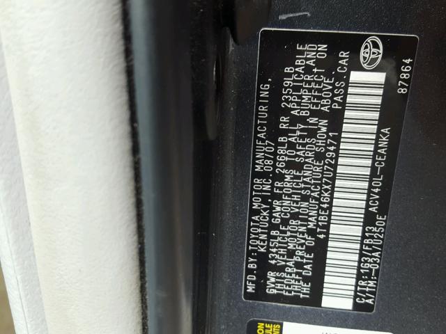 4T1BE46KX7U729471 - 2007 TOYOTA CAMRY NEW BLACK photo 10