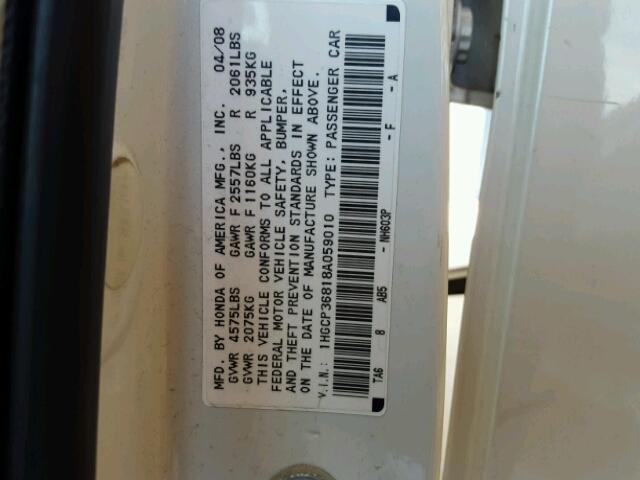 1HGCP36818A059010 - 2008 HONDA ACCORD EXL WHITE photo 10