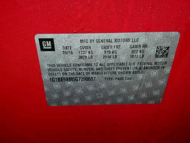 1G1BE5SM5G7290687 - 2016 CHEVROLET CRUZE LT RED photo 10