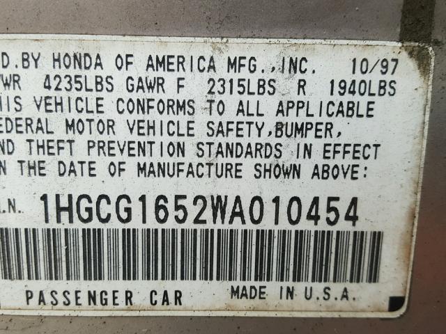 1HGCG1652WA010454 - 1998 HONDA ACCORD EX SILVER photo 10