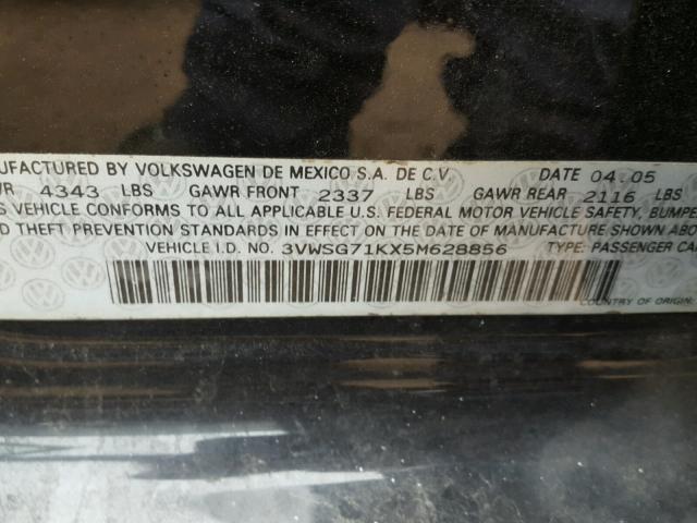 3VWSG71KX5M628856 - 2005 VOLKSWAGEN NEW JETTA BLACK photo 10