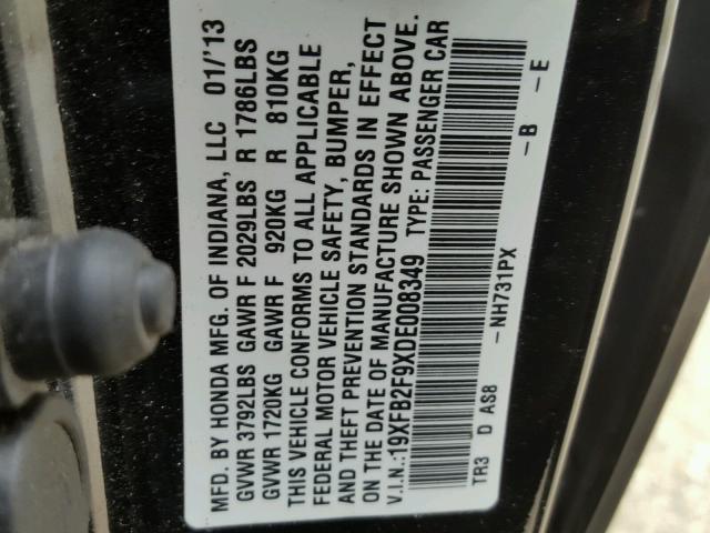 19XFB2F9XDE008349 - 2013 HONDA CIVIC EXL 黑色 照片 10