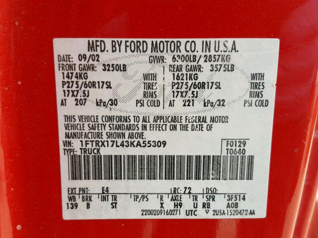 1FTRX17L43KA55309 - 2003 FORD F150 RED photo 10