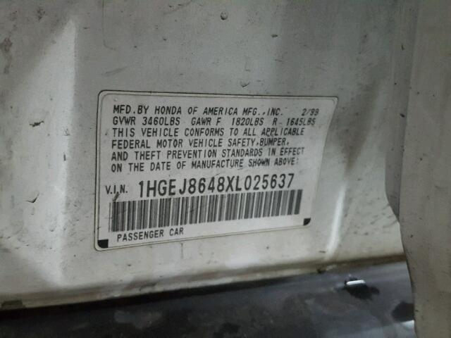 1HGEJ8648XL025637 - 1999 HONDA CIVIC EX WHITE photo 10