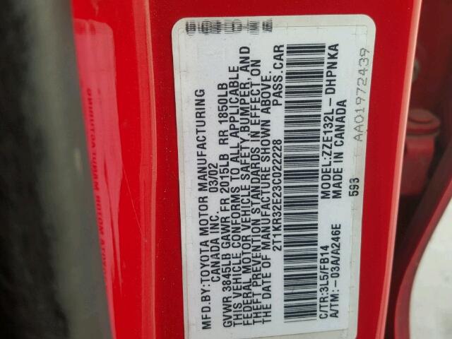 2T1KR32E23C022228 - 2003 TOYOTA MATRIX 红色 照片 10