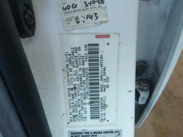 JT2BK12U310022576 - 2001 TOYOTA PRIUS WHITE photo 10