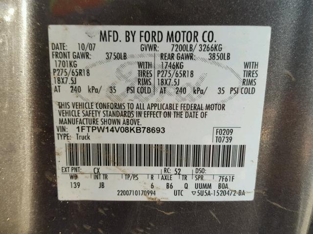 1FTPW14V08KB78693 - 2008 FORD F150 SUPER GRAY photo 10