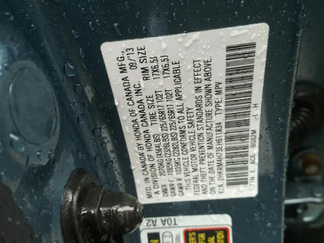 2HKRM4H73EH611834 - 2014 HONDA CR-V EXL BLUE photo 10