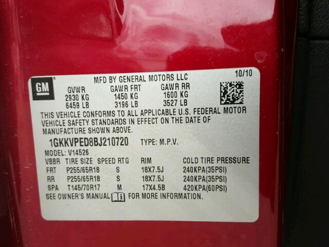 1GKKVPED8BJ210720 - 2011 GMC ACADIA SLE RED photo 10