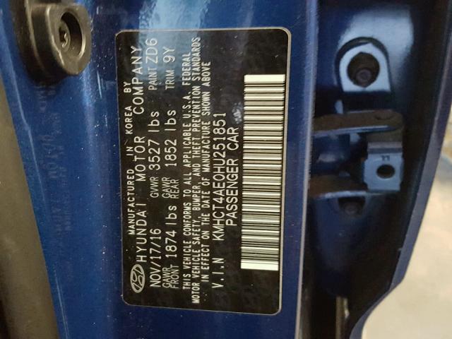 KMHCT4AE0HU251851 - 2017 HYUNDAI ACCENT SE BLUE photo 10