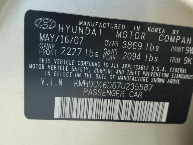 KMHDU46D67U235587 - 2007 HYUNDAI ELANTRA GL GOLD photo 10