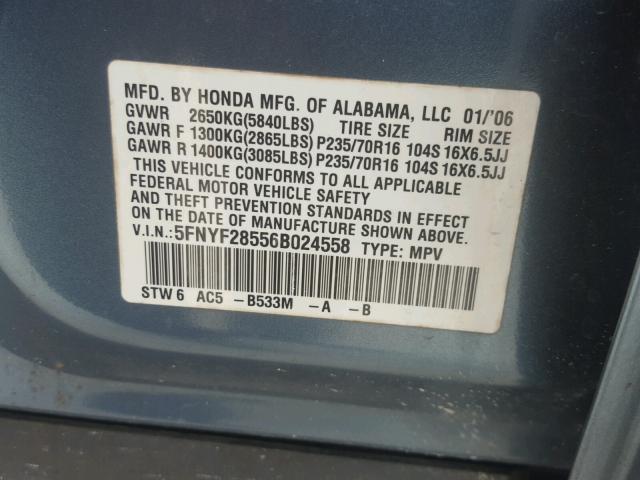 5FNYF28556B024558 - 2006 HONDA PILOT EX BLUE photo 10