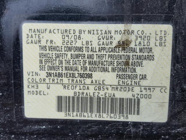 3N1AB61EX8L760398 - 2008 NISSAN SENTRA 2.0 BLACK photo 10