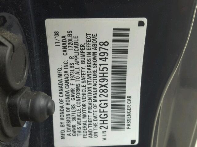 2HGFG128X9H514978 - 2009 HONDA CIVIC EX ლურჯი ფოტო 10