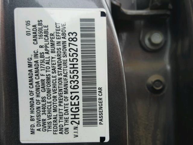 2HGES16355H552783 - 2005 HONDA CIVIC DX V GRAY photo 10