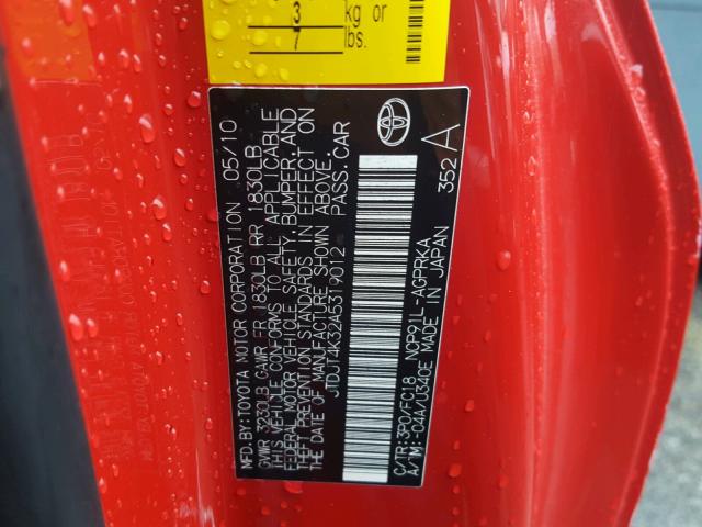 JTDJT4K32A5319012 - 2010 TOYOTA YARIS RED photo 10