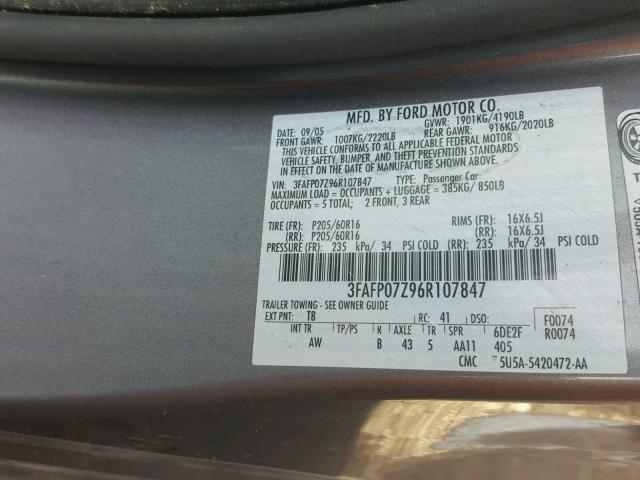 3FAFP07Z96R107847 - 2006 FORD FUSION SE GRAY photo 10