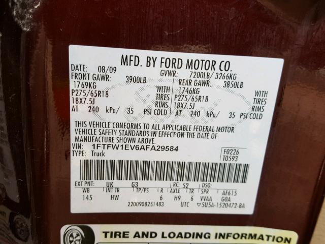 1FTFW1EV6AFA29584 - 2010 FORD F150 SUPER BURGUNDY photo 10