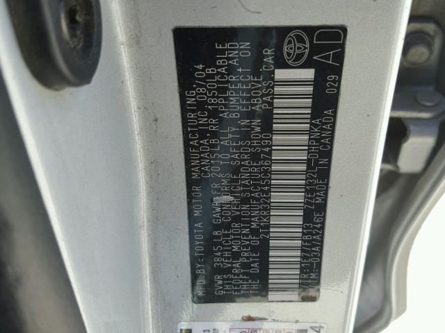 2T1KR32E45C367490 - 2005 TOYOTA COROLLA MA SILVER photo 10