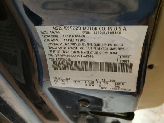 1FAFP38351W144346 - 2001 FORD FOCUS ZTS BLUE photo 10