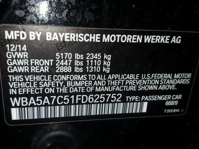 WBA5A7C51FD625752 - 2015 BMW 528 XI BLACK photo 10