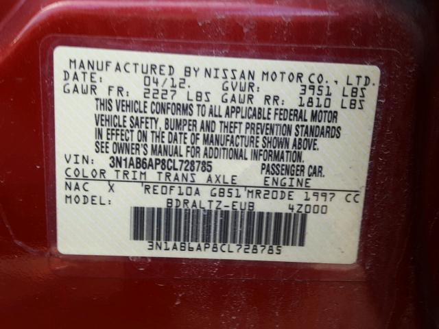 3N1AB6AP8CL728785 - 2012 NISSAN SENTRA 2.0 BURGUNDY photo 10