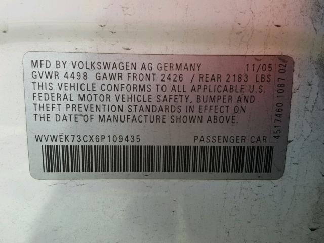 WVWEK73CX6P109435 - 2006 VOLKSWAGEN PASSAT 2.0 WHITE photo 10