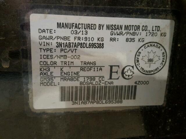 3N1AB7AP8DL695388 - 2013 NISSAN SENTRA S BLACK photo 10