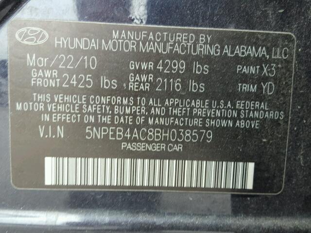 5NPEB4AC8BH038579 - 2011 HYUNDAI SONATA GLS BLUE photo 10