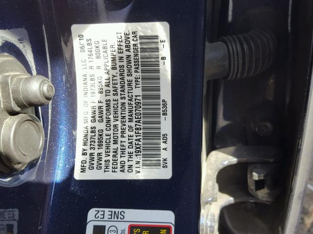 19XFA1F87AE070971 - 2010 HONDA CIVIC EX ლურჯი ფოტო 10