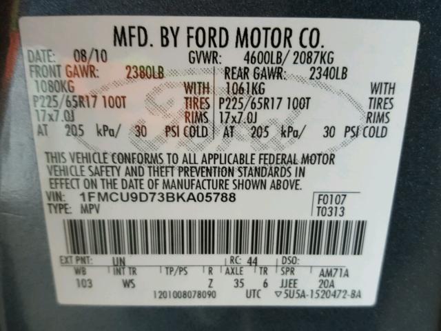 1FMCU9D73BKA05788 - 2011 FORD ESCAPE XLT BLUE photo 10