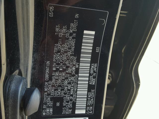 JTEDD21A650123104 - 2005 TOYOTA HIGHLANDER BLACK photo 10