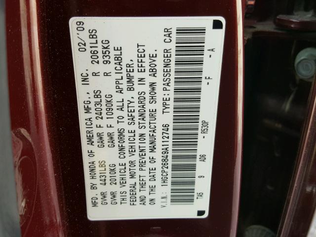 1HGCP26849A112746 - 2009 HONDA ACCORD EXL MAROON photo 10