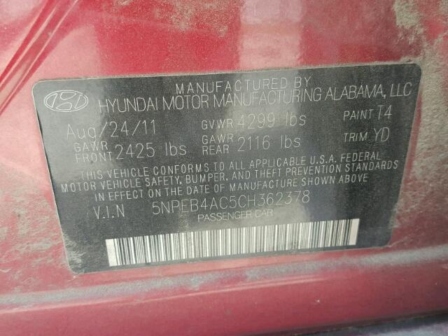 5NPEB4AC5CH362378 - 2012 HYUNDAI SONATA GLS BURGUNDY photo 10