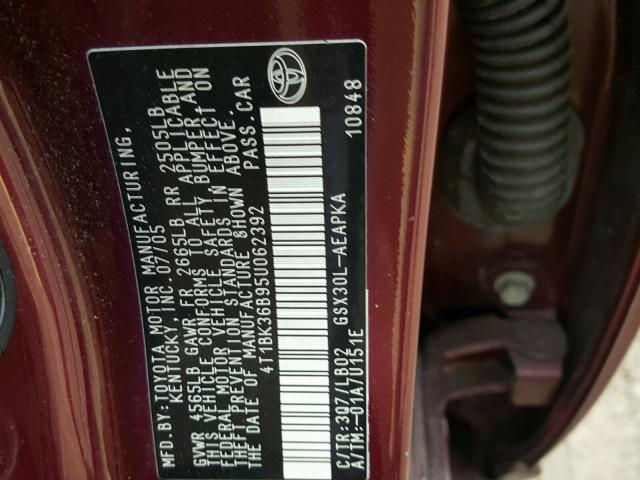 4T1BK36B95U062392 - 2005 TOYOTA AVALON XL MAROON photo 10